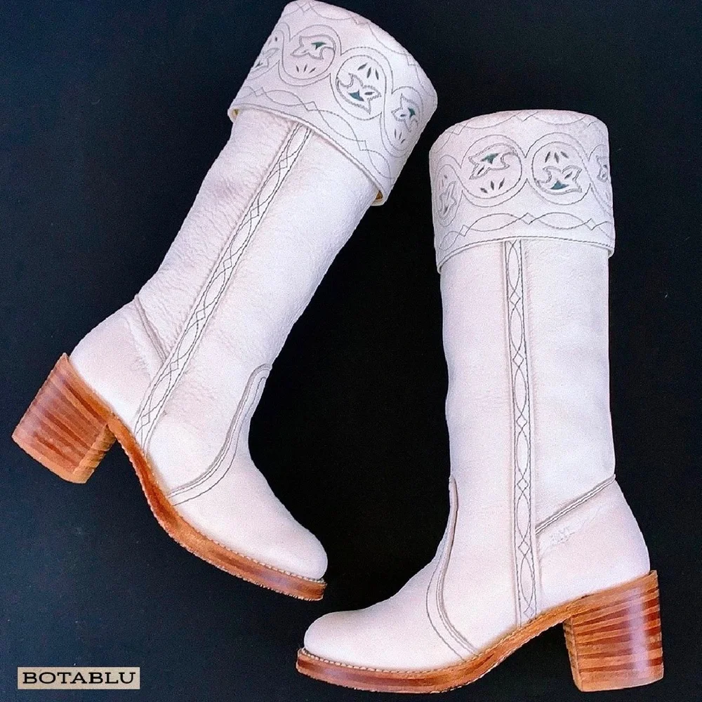 SOLD FRYE Vintage White Sabrina Campus Tooled Cuff Tall Knee High Western Boots - Picture 5 of 12
